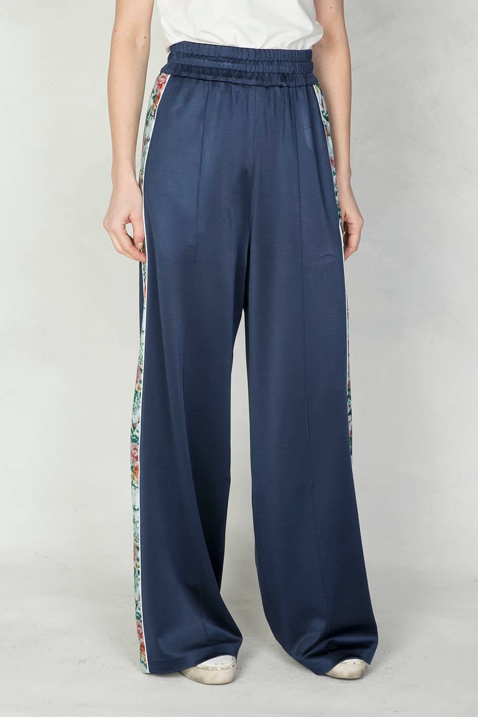Women | Blue Wide Trousers with Flower Side Bands - Image 2