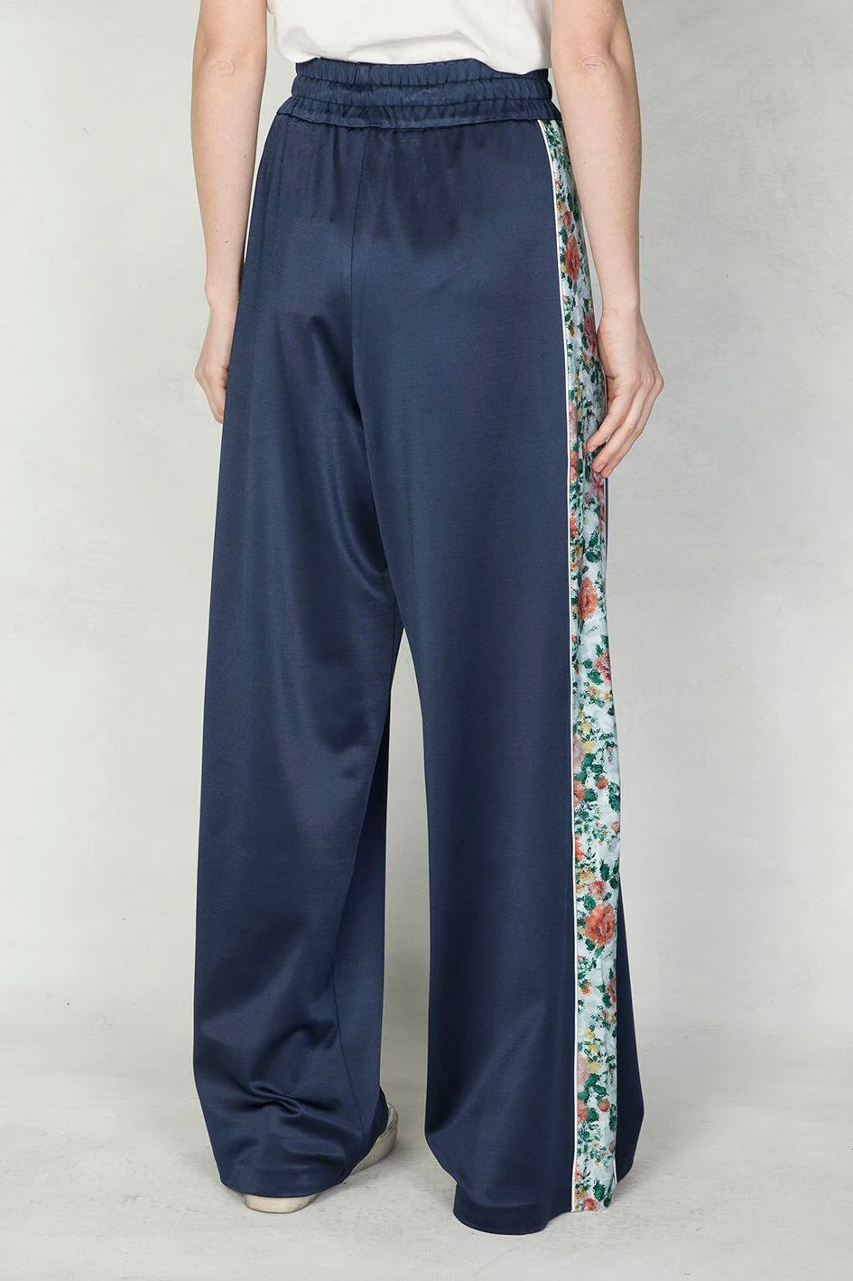 Women | Blue Wide Trousers with Flower Side Bands - Image 3