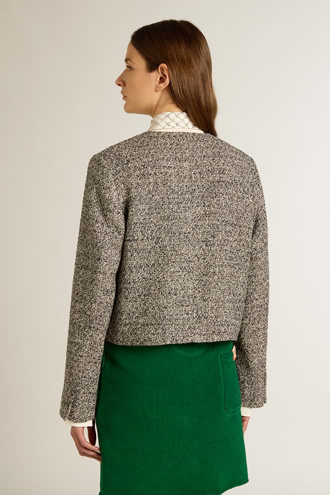Women | Boxy Cropped Jacket Gray Bouclé Fabric | Black x Vintage White - Image 6
