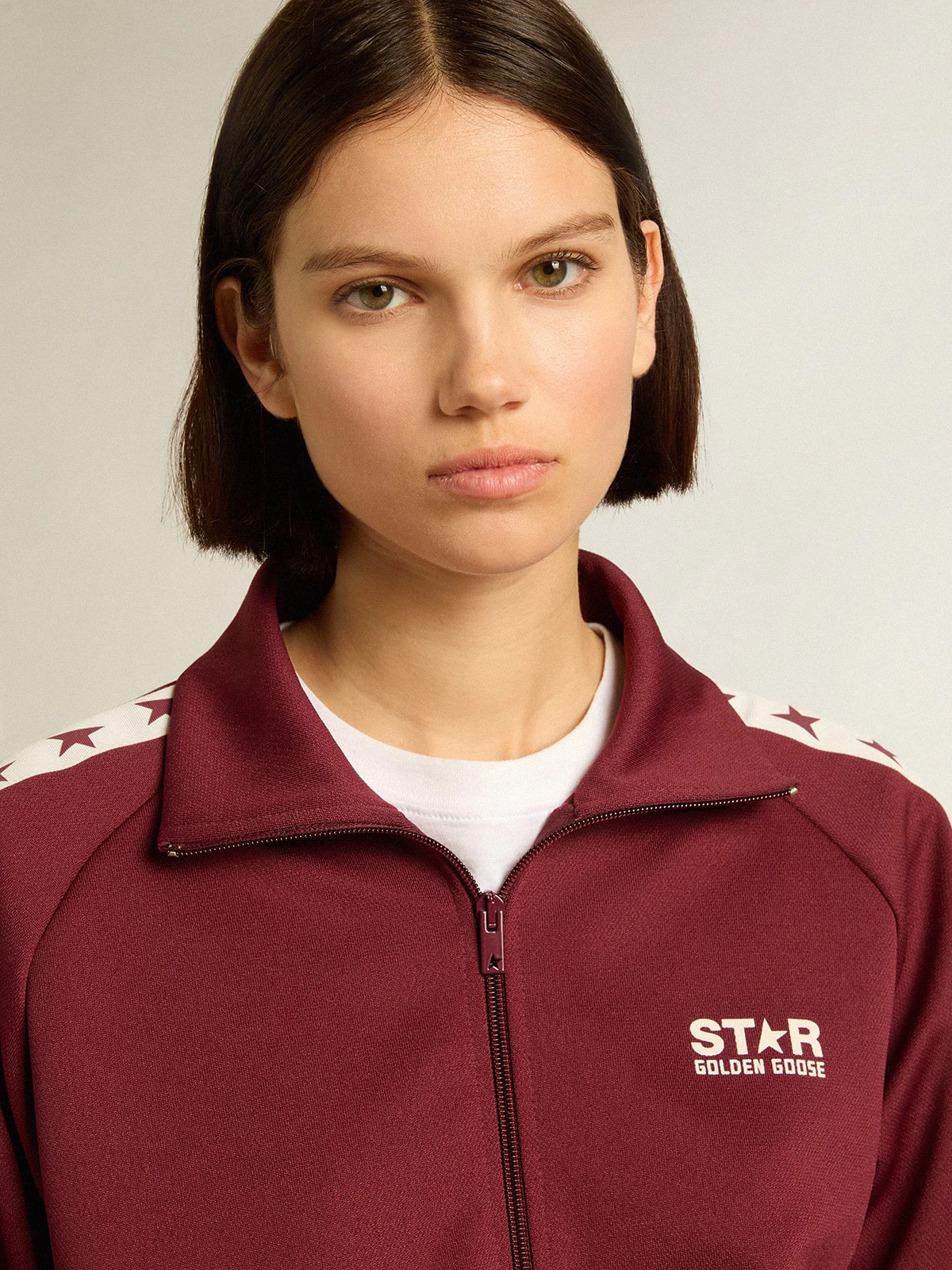 Women | Burgundy Zipped Sweatshirt with White Strip & Contrasting Stars | Windsor Wine x White - Image 6