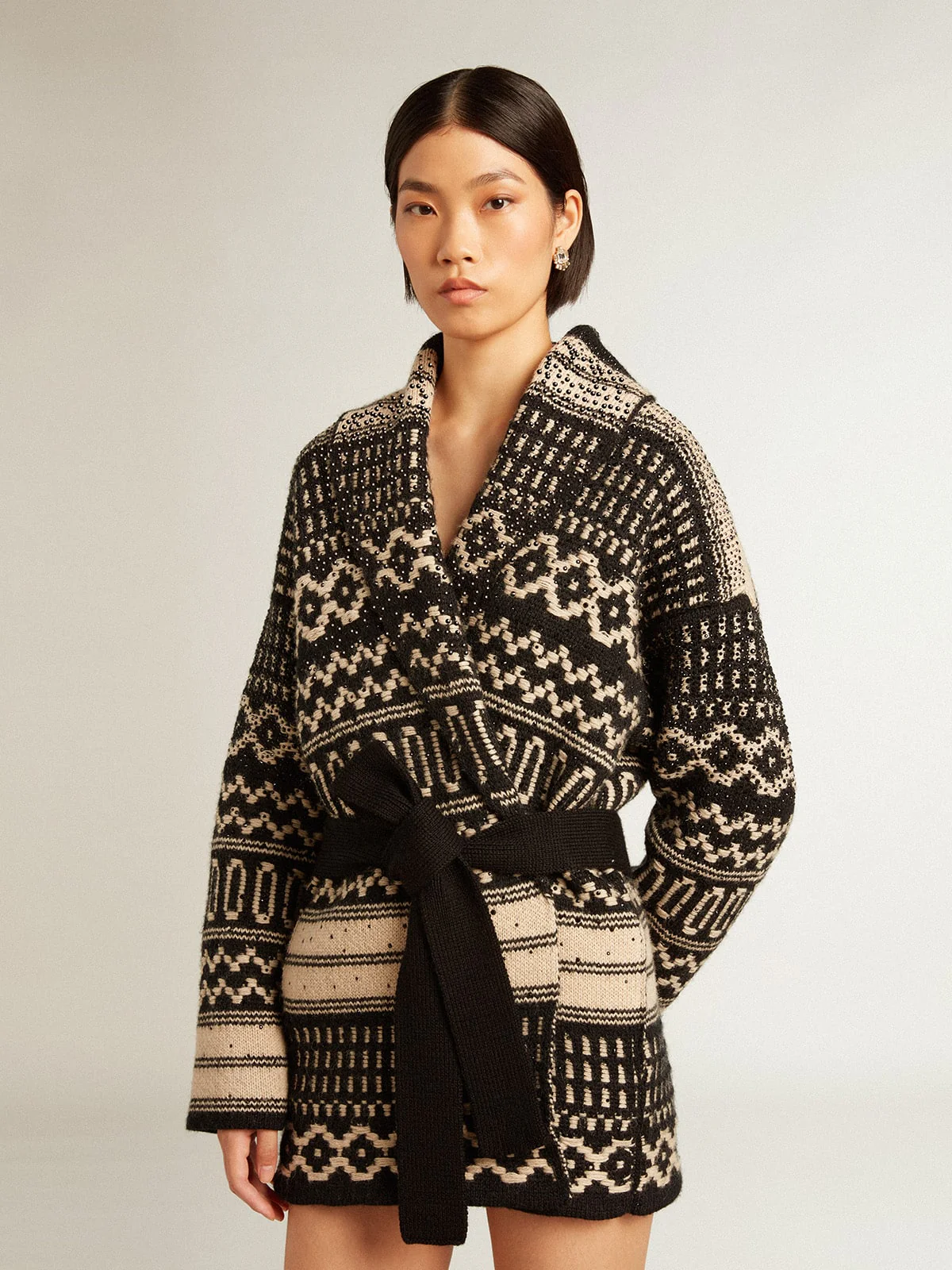 Women | Cardigan Ecru Wool with Jacquard Design & Belt | Black x Ecru - Image 7