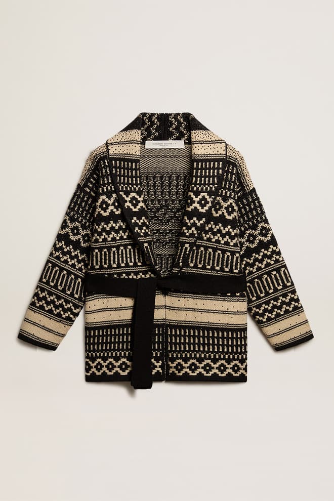 Women | Cardigan Ecru Wool with Jacquard Design & Belt | Black x Ecru - Image 9