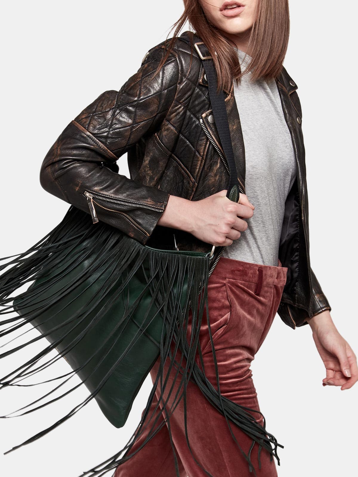 Women | Carry Over Hobo Bag Suede Leather with Fringe - Image 2