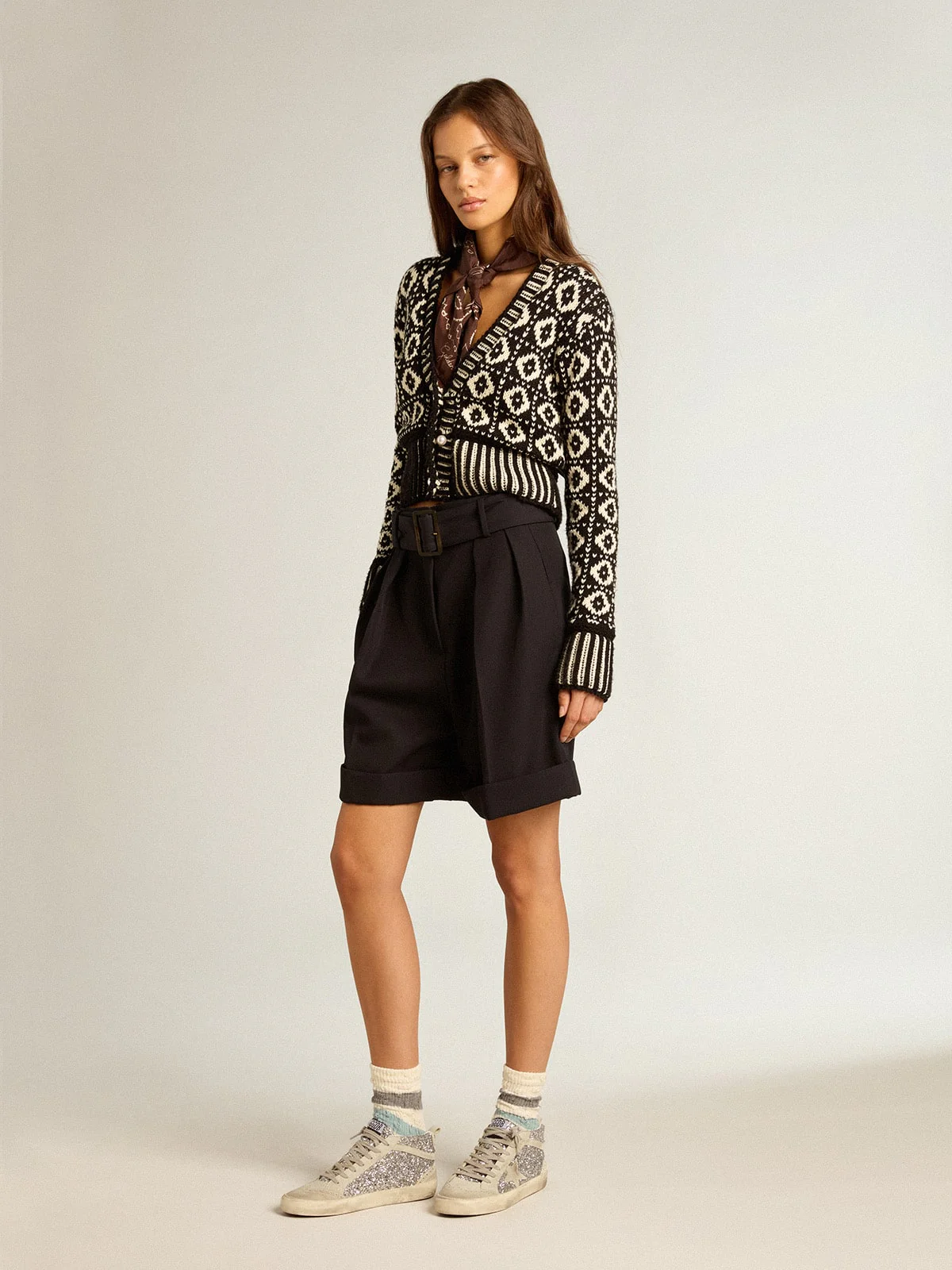 Women | Cropped Cardigan with Geometric Design Vintage White & Black | Antique White x Black - Image 8