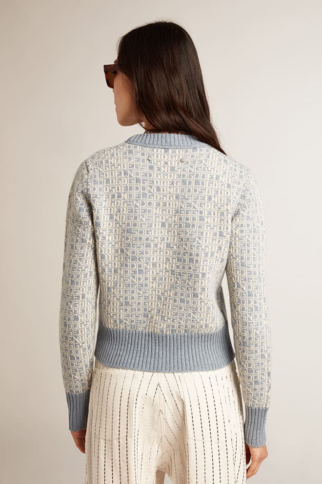 Women | Cropped Round-Neck Sweater with Light Blue Jacquard Lettering Motif | Spring Lake x Lamb''S Wool - Image 3
