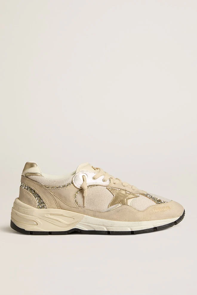 Women | Dad-Star Pearl Mesh & Suede with Platinum Leather Star & Heel Tab | Seed Pearl x Platinum x White x Cream - Image 2