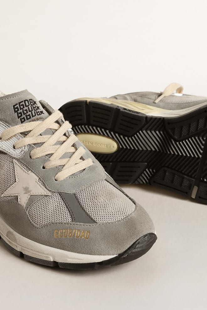 Women | Dad-Star Suede & Silver Mesh with White Leather Star & Heel Tab | Grey x Silver x White - Image 6