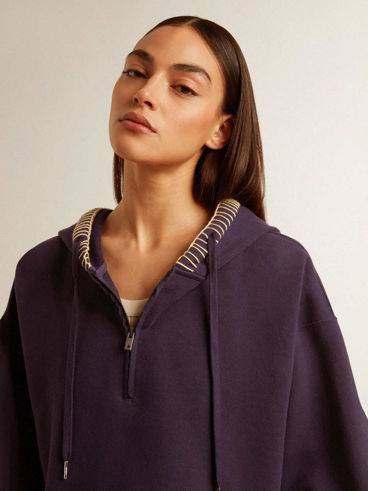 Women | Dark Blue Cropped Sweatshirt with Zip Fastening & Embroidered Hood | Eclipse x Heritage White x Urban Red - Image 5