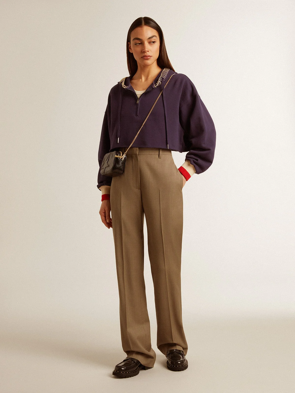 Women | Dark Blue Cropped Sweatshirt with Zip Fastening & Embroidered Hood | Eclipse x Heritage White x Urban Red - Image 8