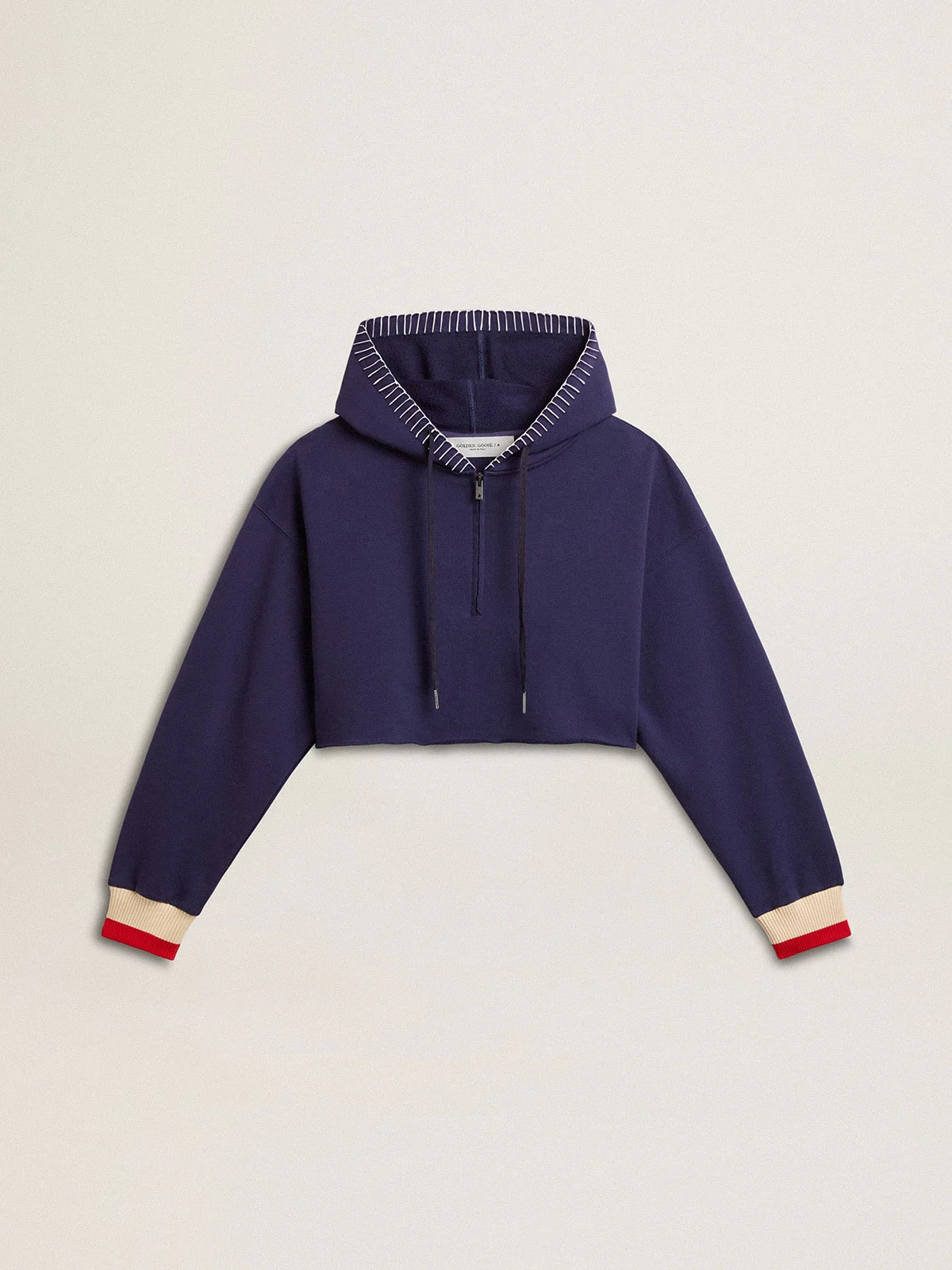 Women | Dark Blue Cropped Sweatshirt with Zip Fastening & Embroidered Hood | Eclipse x Heritage White x Urban Red - Image 9