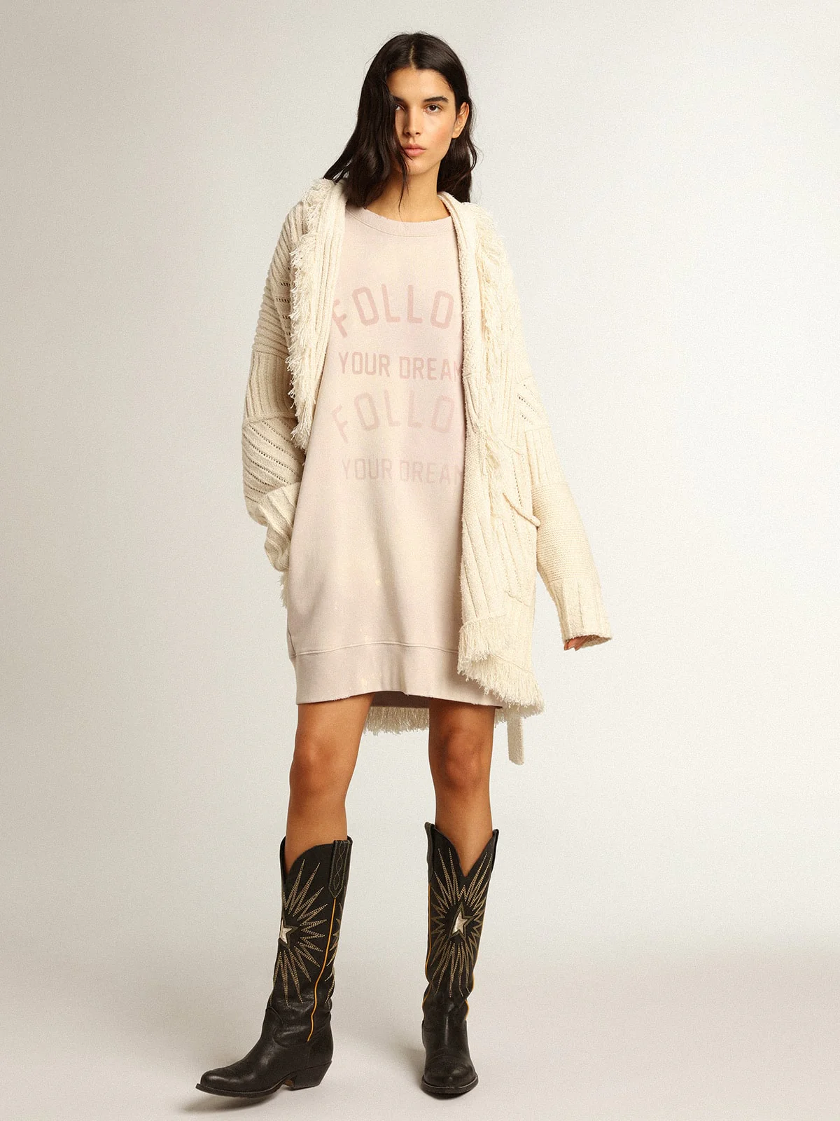 Women | Distressed-Finish Pale Pink Sweatshirt Dress | Shadow Gray - Image 11