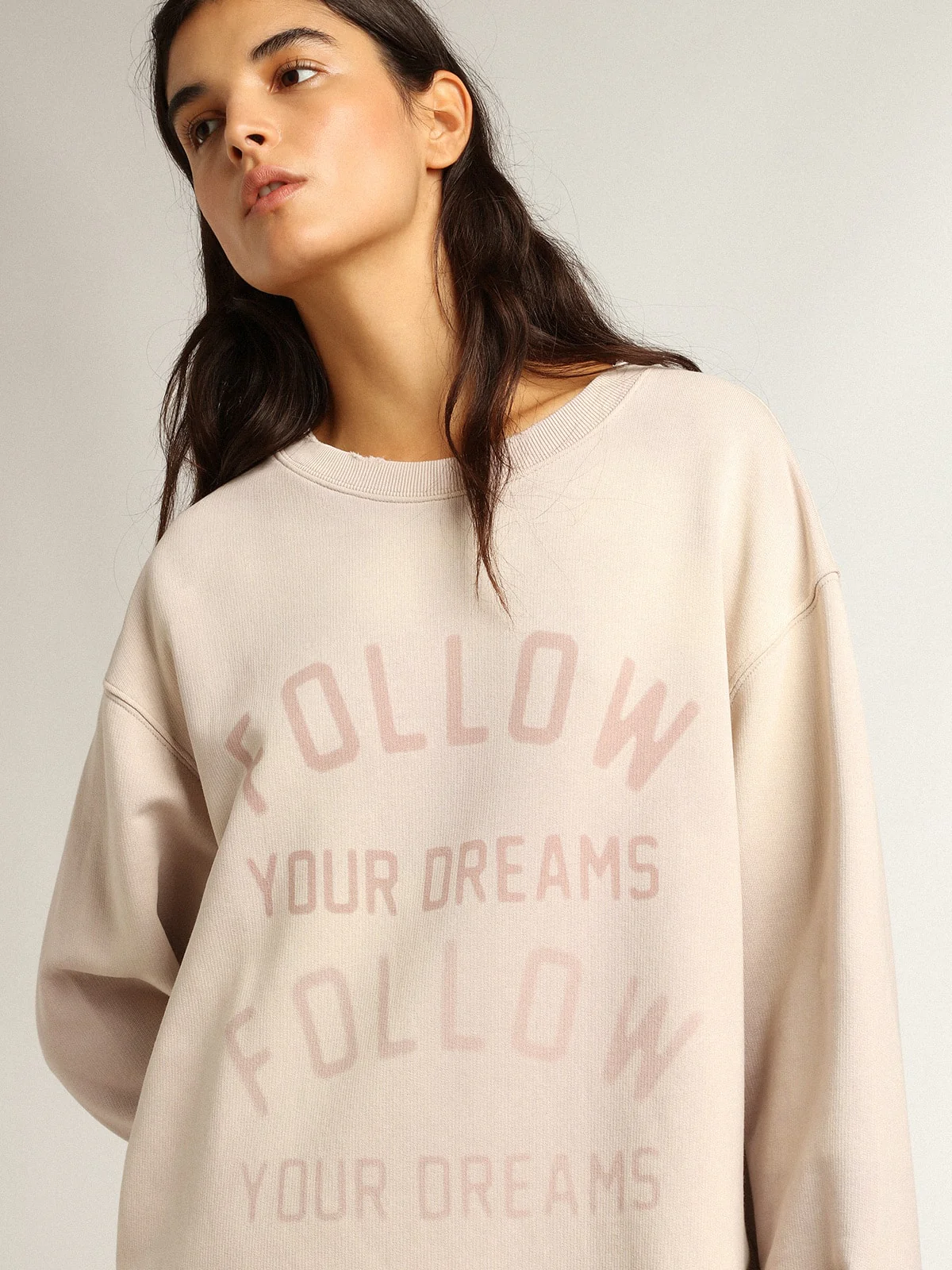 Women | Distressed-Finish Pale Pink Sweatshirt Dress | Shadow Gray - Image 5