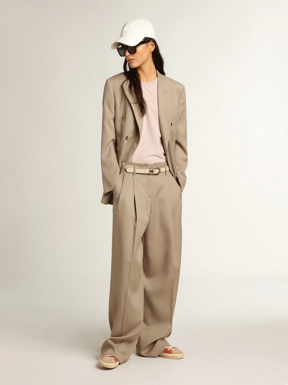 Women | Double-Breasted Blazer Light Beige Wool Gabardine | Roasted Cashew - Image 9