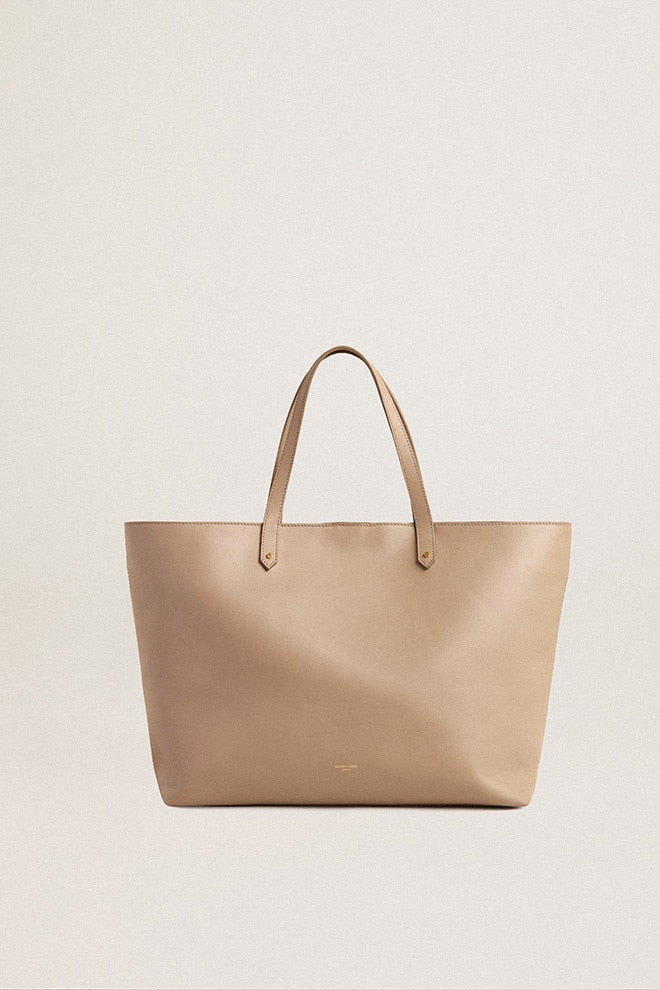 Women | Dove-Gray Pasadena Bag Smooth Leather with Gold Logo | Taupe - Image 8
