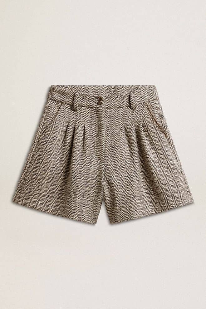Women | Ecru Brown Shorts Herringbone Wool | Midnight x Ecru - Image 2