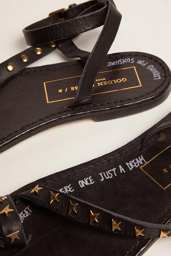 Women | Flat Sandals Black Leather with Gold Stars | Black x Gold - Image 4
