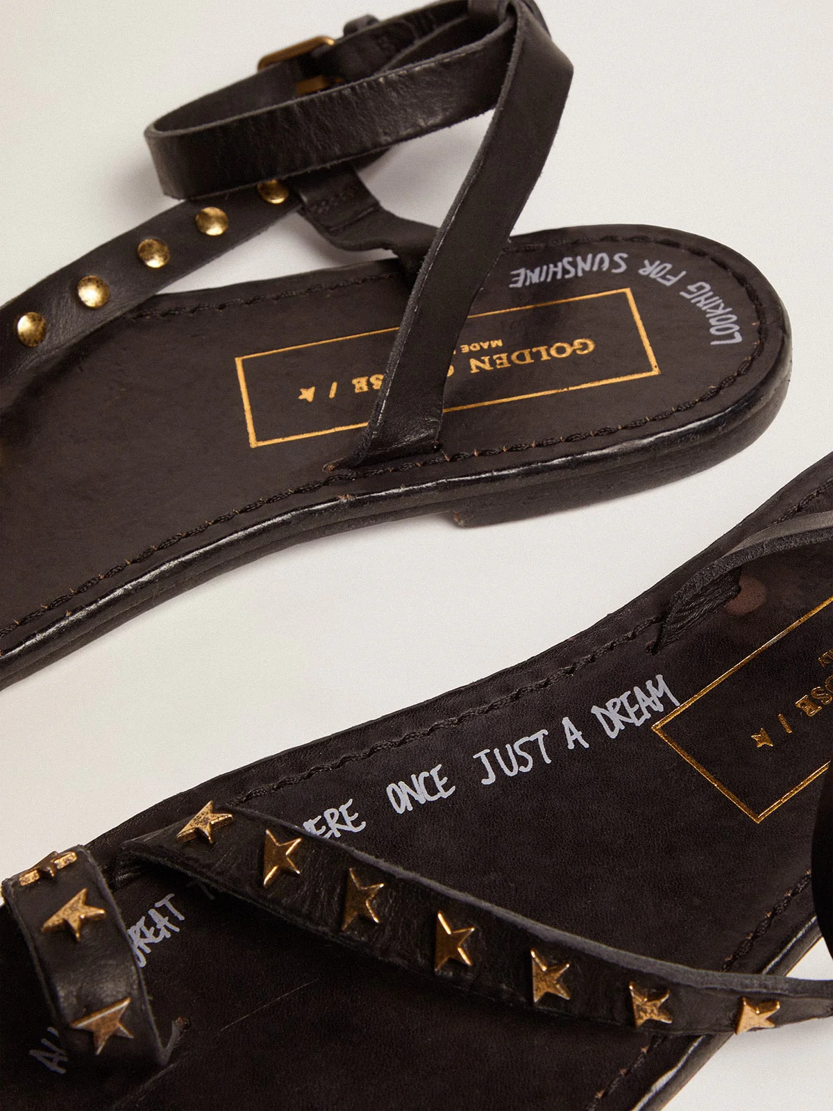 Women | Flat Sandals Black Leather with Gold Stars | Black x Gold - Image 5