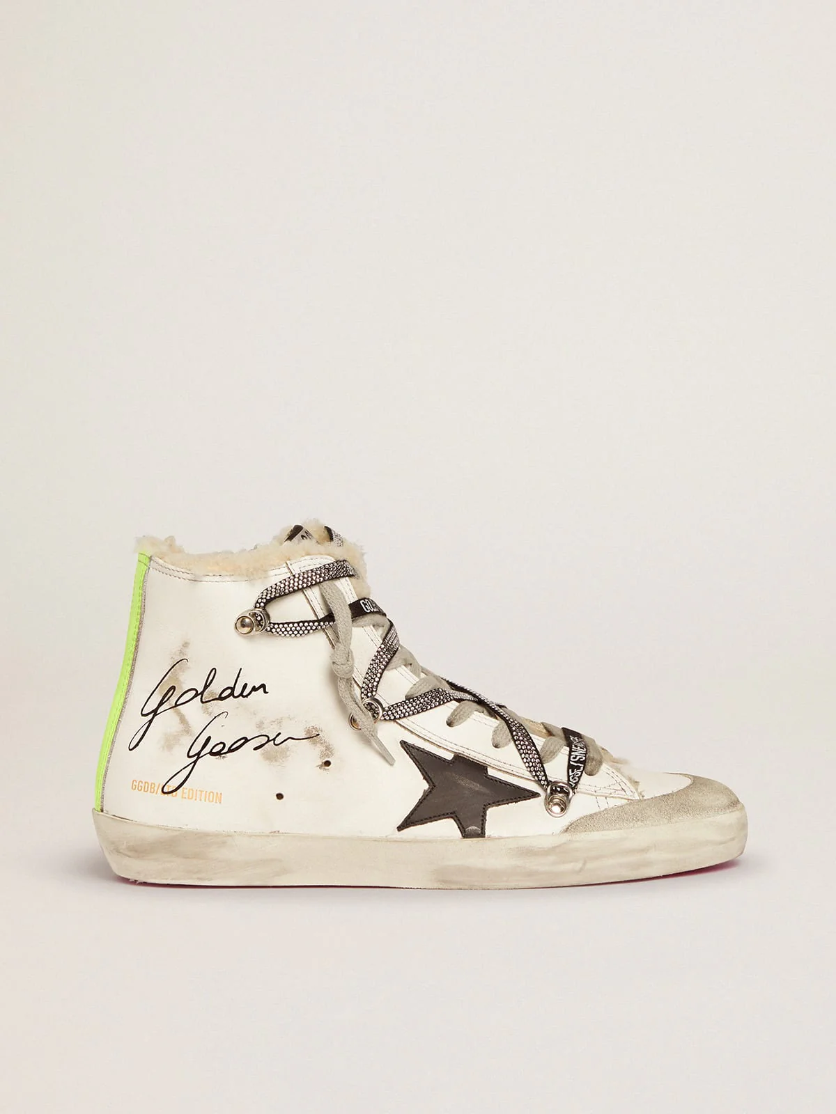 Women | Francy Penstar Lab Sneakers with Shearling Inserts & Black Star | White x Black x Yellow Fluo - Image 4