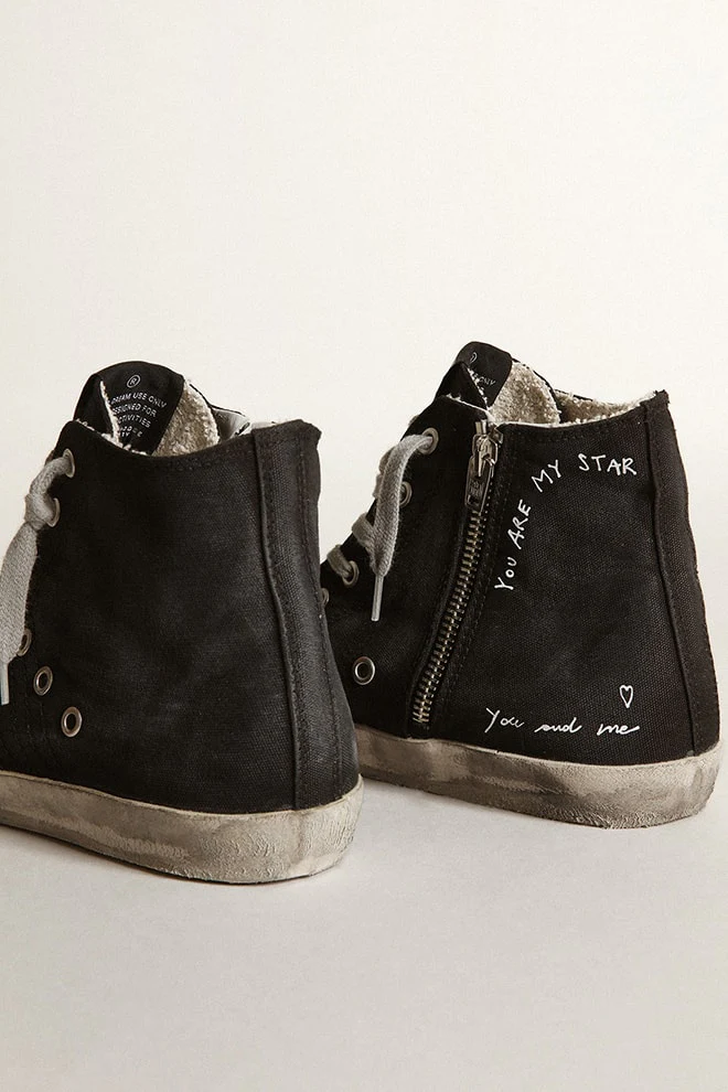 Women | Francy Penstar Sneakers Black Canvas with Golden Goose Signature & White Leather Star | Black x White x Purple - Image 2