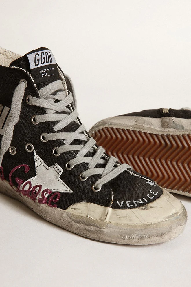 Women | Francy Penstar Sneakers Black Canvas with Golden Goose Signature & White Leather Star | Black x White x Purple - Image 4