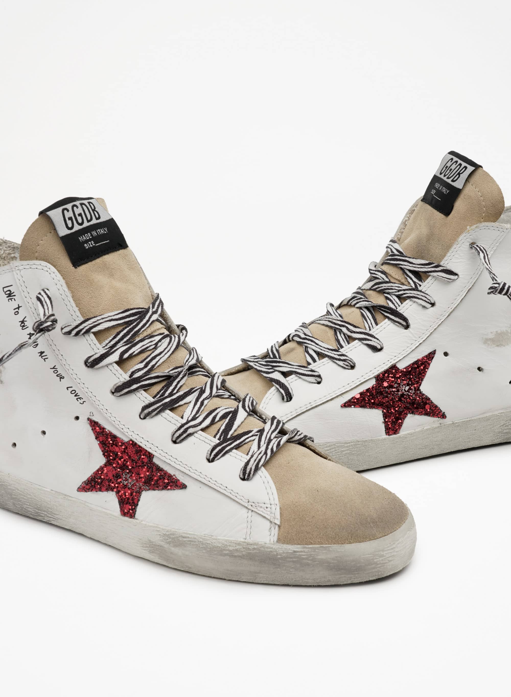 Women | Francy Sneakers with Red Glittery Star & Handwritten Lettering | White x Cappuccino x Red x Black - Image 4