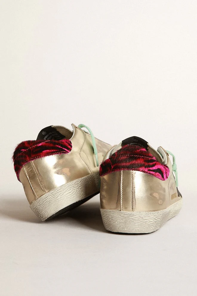 Women | Gold Super-Star Sneakers with Zebra-Print Heel Tab | Platinum x White x Black x Fuxia Black Zebra - Image 8