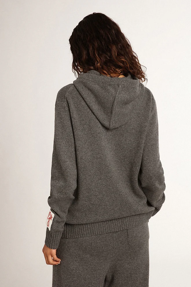 Women | Gray Cashmere Blend Sweatshirt with Hood | Grey Melange - Image 8