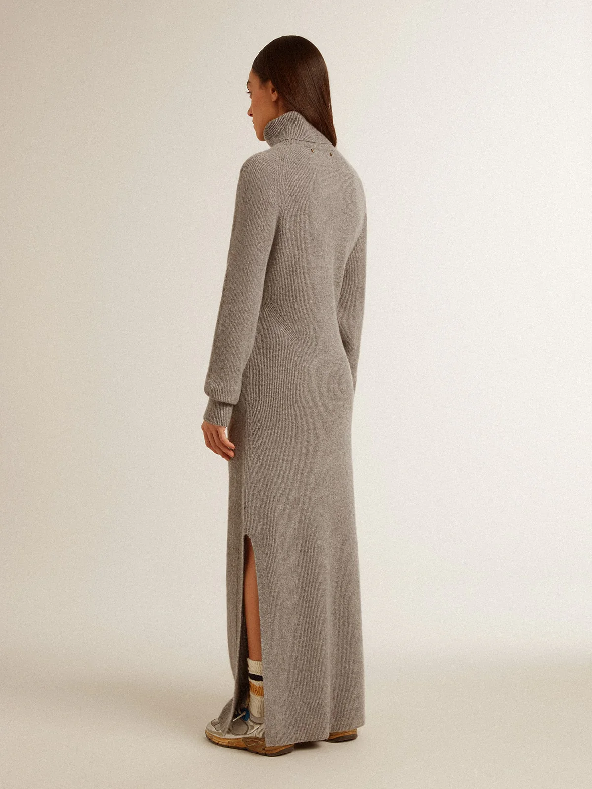 Women | Gray Melange Ribbed Woolen Dress with High Neck | Grey Melange - Image 12