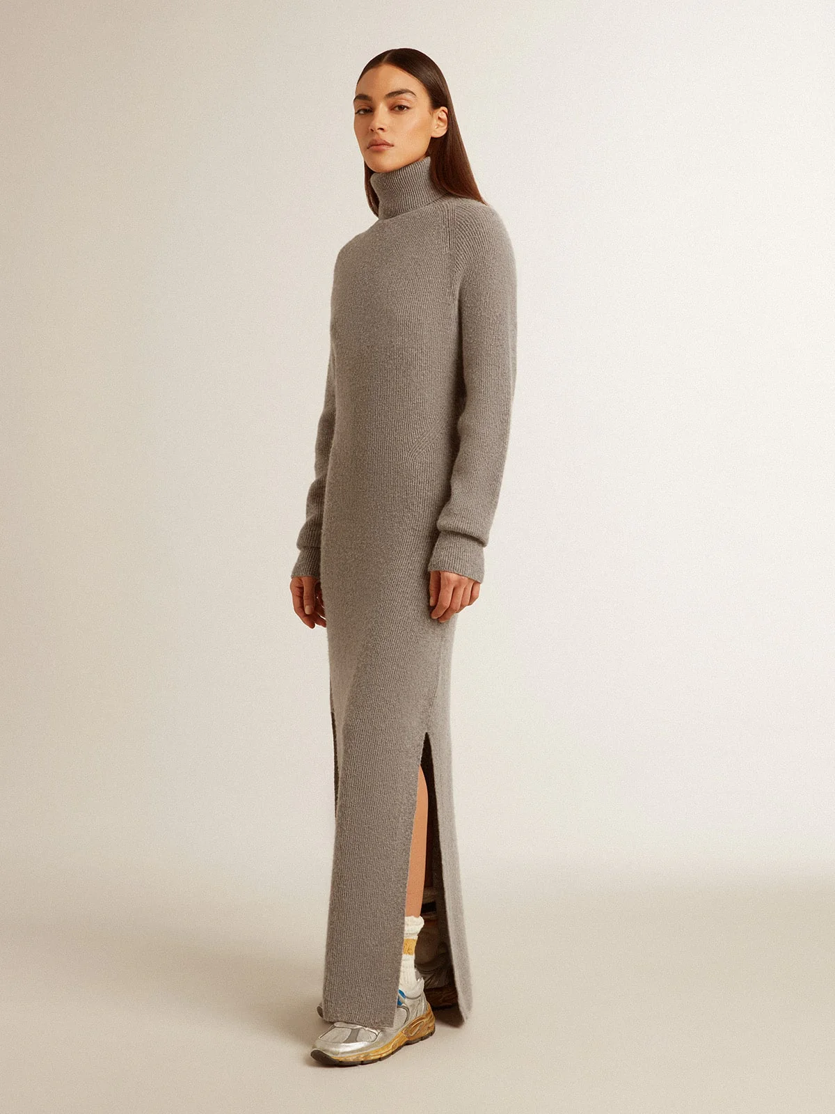 Women | Gray Melange Ribbed Woolen Dress with High Neck | Grey Melange - Image 4
