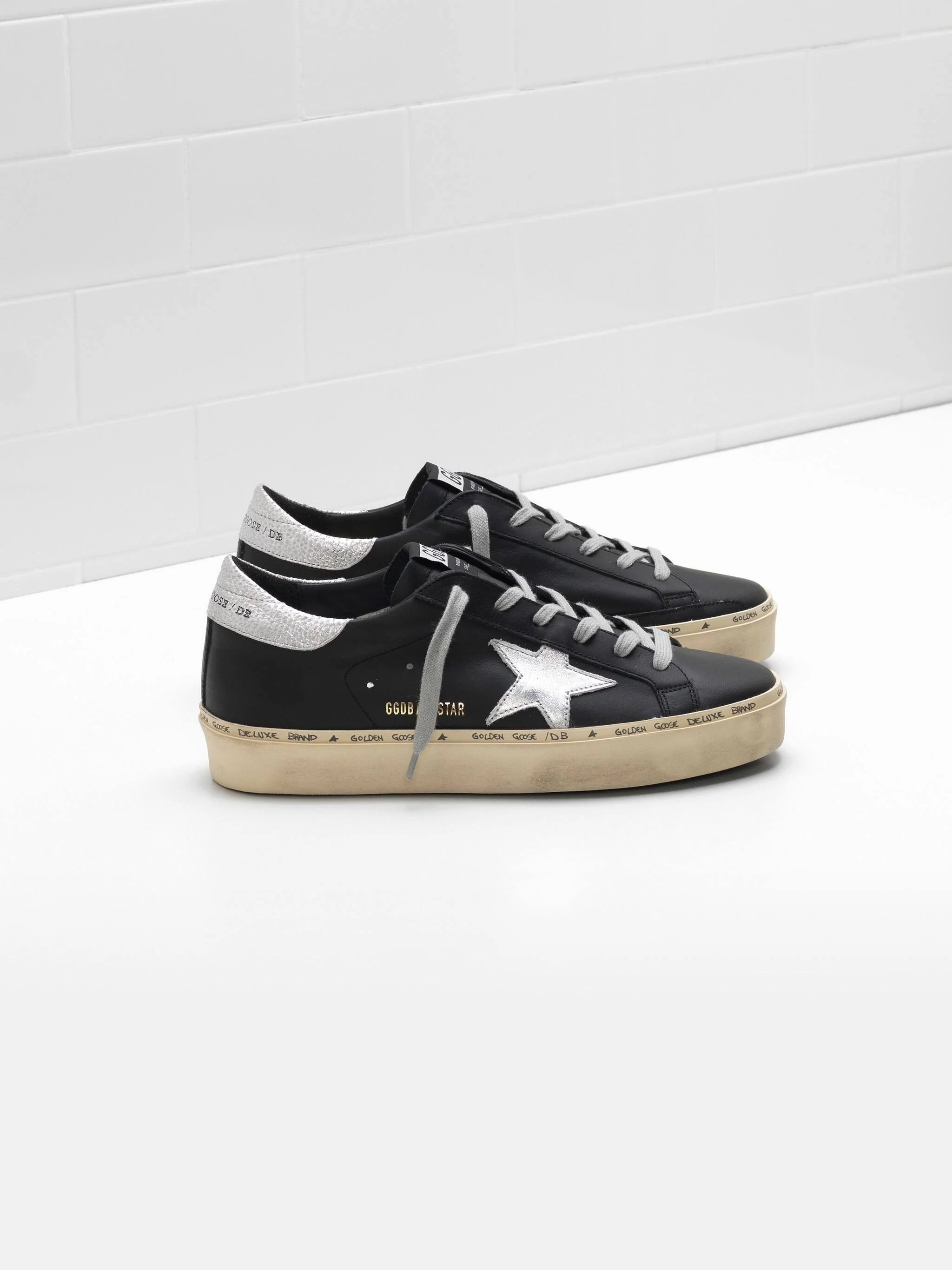Women | Hi Star Sneakers Black Leather & with Star Heel Tab & Silver Laces - Image 2