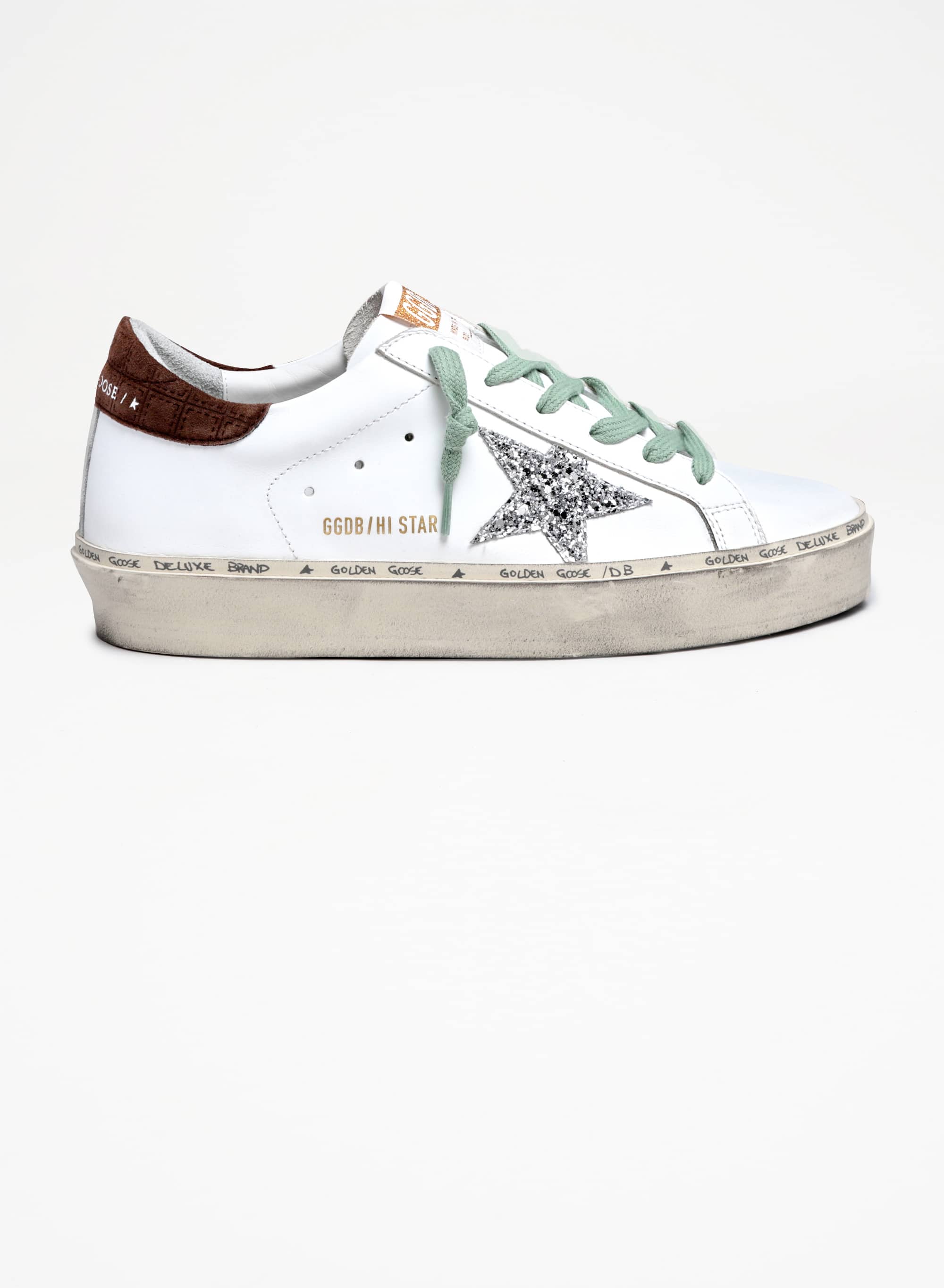 Women | Hi Star Sneakers White Leather with Silver Glitter Star & Brown Hammered Leather Heel Tab | White x Silver x Brown - Image 7