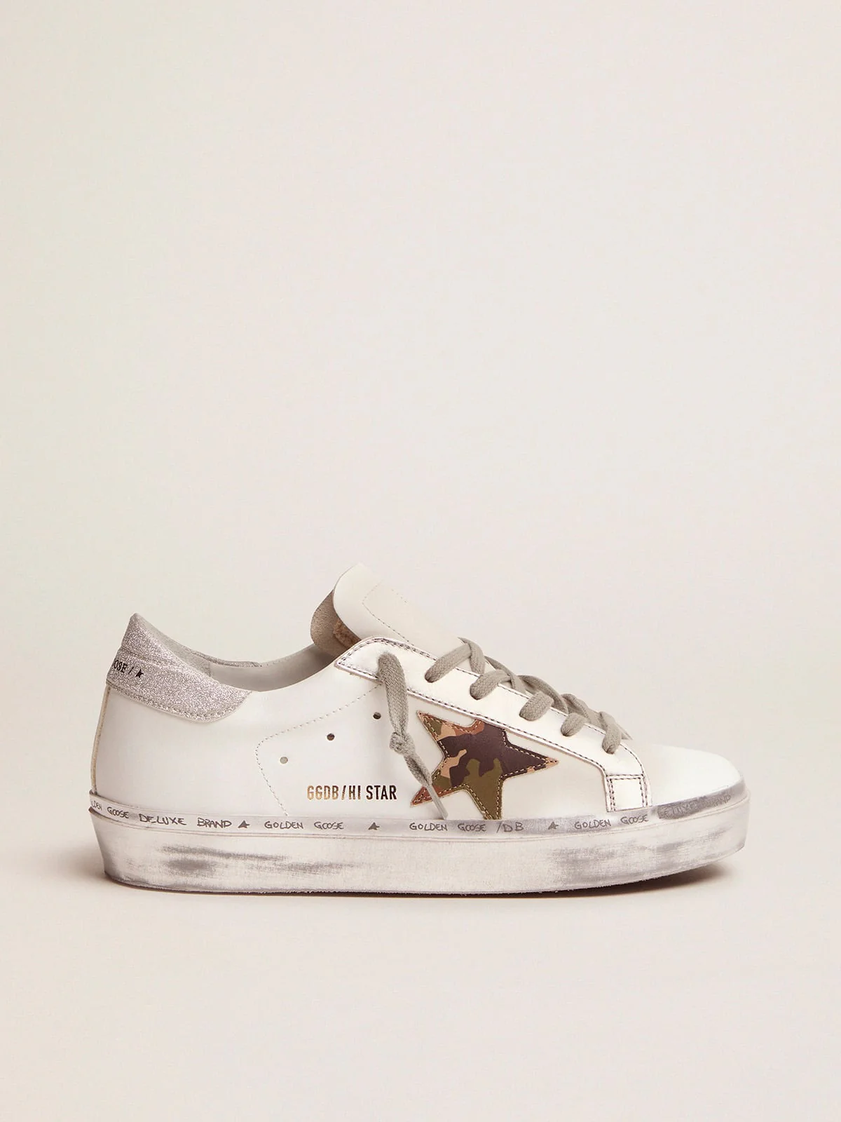 Women | Hi Star Sneakers with Camouflage Star & Glittery Heel Tab | White x Green Camouflage x Silver - Image 5