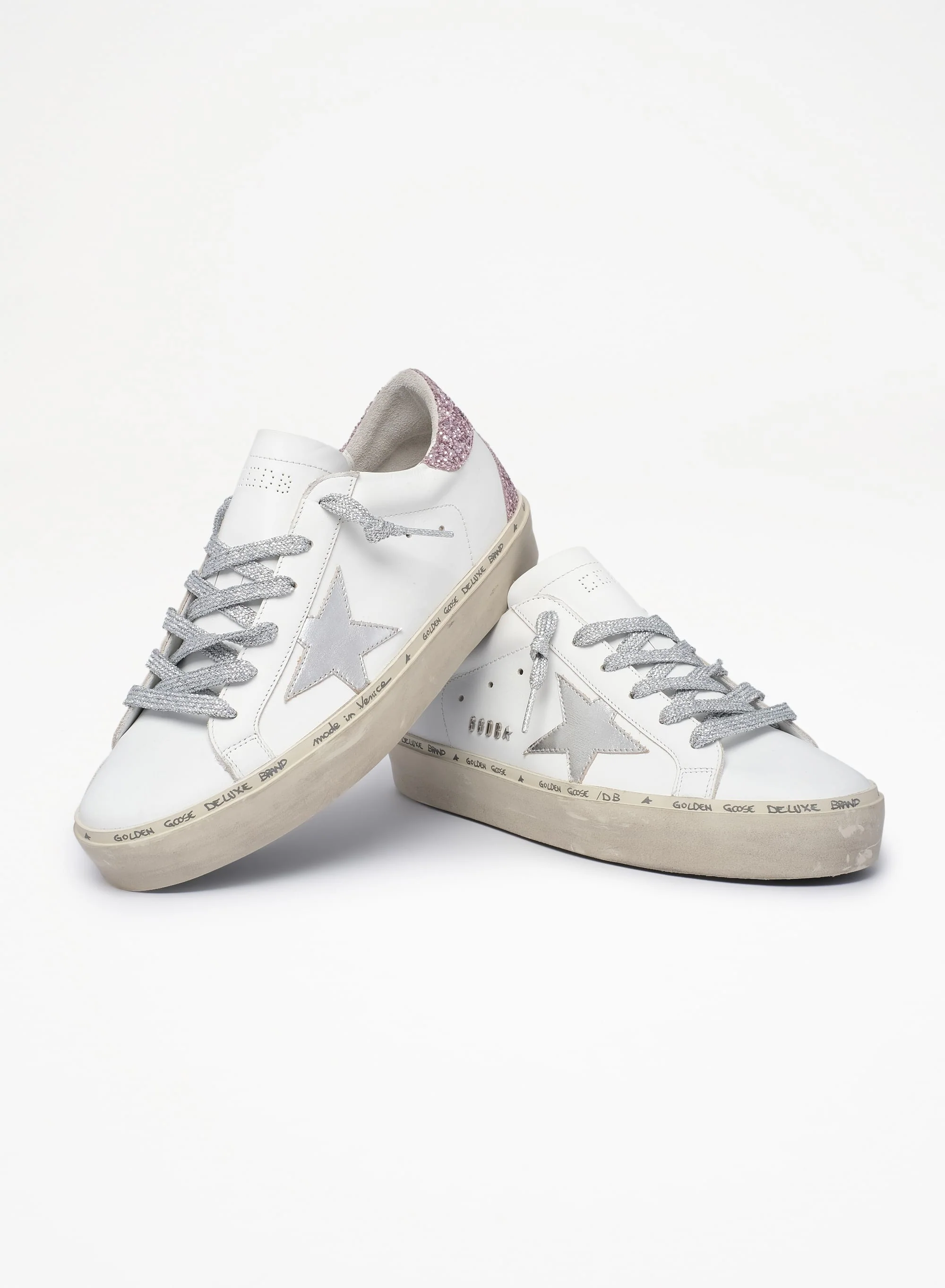 Women | Hi Star Sneakers with Laminated Leather Star & Glitter Heel Tab | White x Silver x Rose Quartz - Image 3