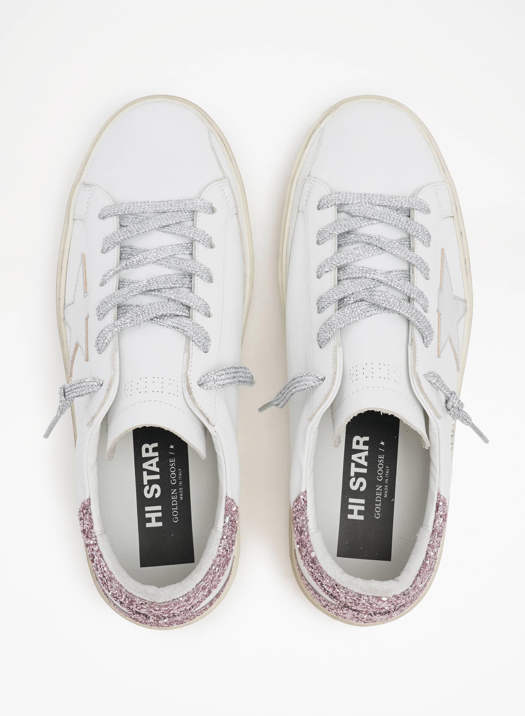 Women | Hi Star Sneakers with Laminated Leather Star & Glitter Heel Tab | White x Silver x Rose Quartz - Image 5