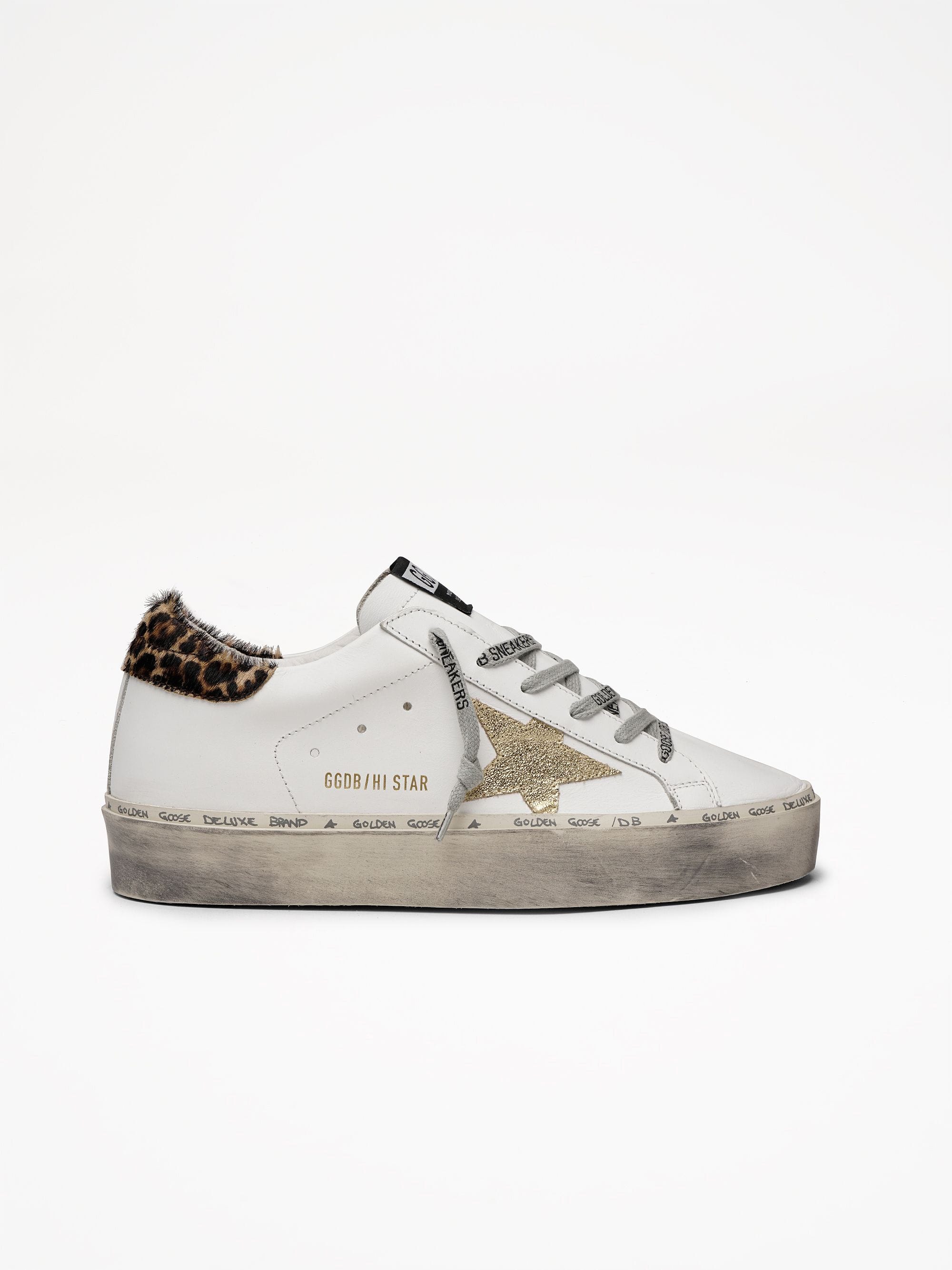 Women | Hi Star White Leather with Gold Glitter Star & Leopard-Print Pony Skin Heel Tab - Image 2