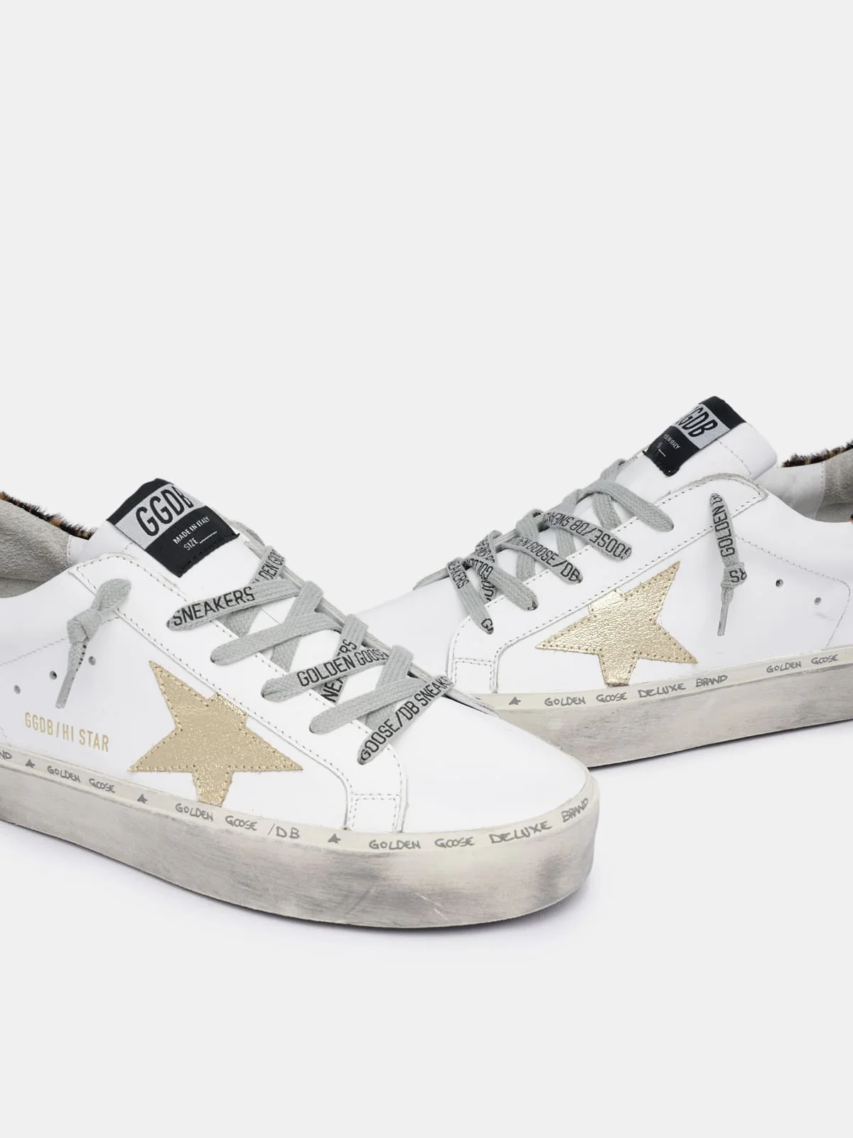 Women | Hi Star White Leather with Gold Glitter Star & Leopard-Print Pony Skin Heel Tab - Image 3