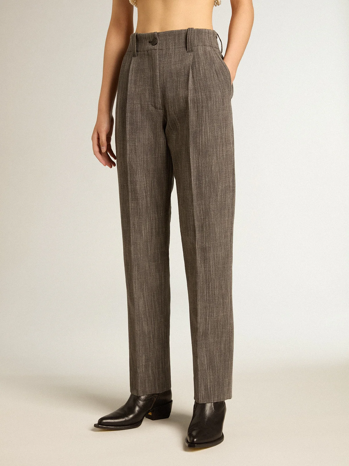 Women | High-Waisted Pants Gray Melange Wool Blend | Grey x White - Image 10
