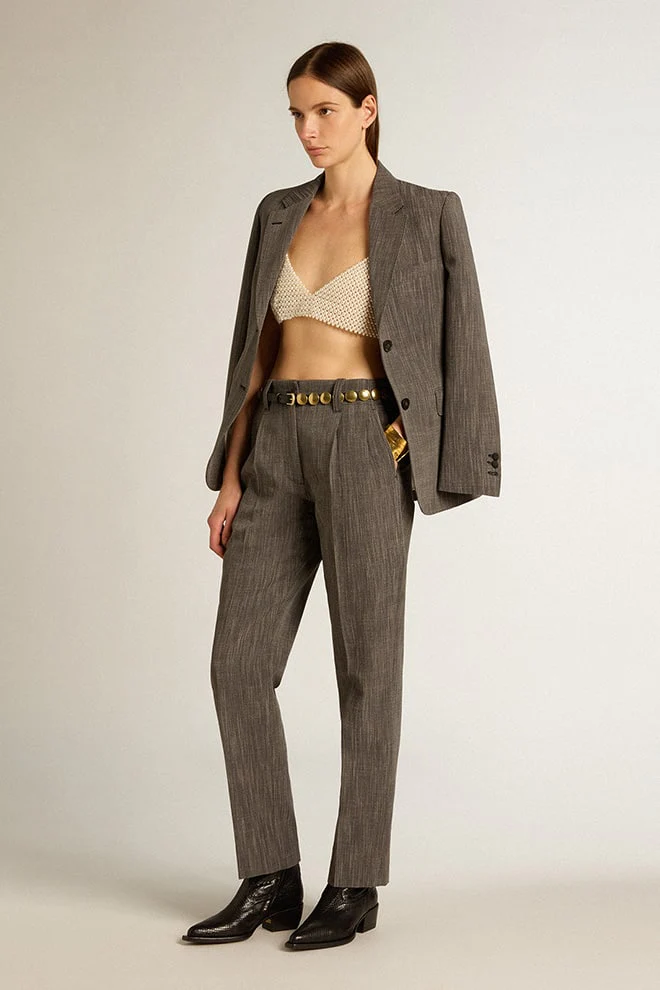 Women | High-Waisted Pants Gray Melange Wool Blend | Grey x White - Image 9