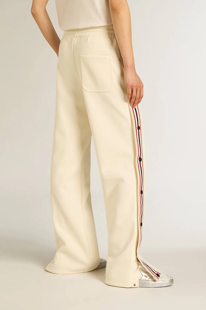Women | Joggers Aged White with Side Stripes | Papyrus x Dark Blue - Image 3