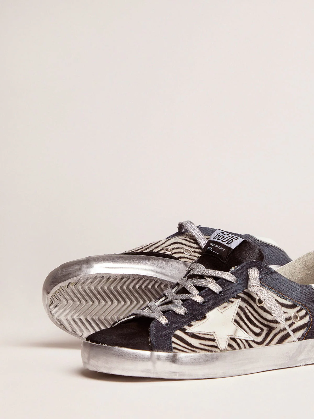 Women | Lab Limited Edition Super-Star Sneakers Denim, Zebra-Print Pony Skin & Suede | Black x White x Black Zebra x Bluette - Image 2