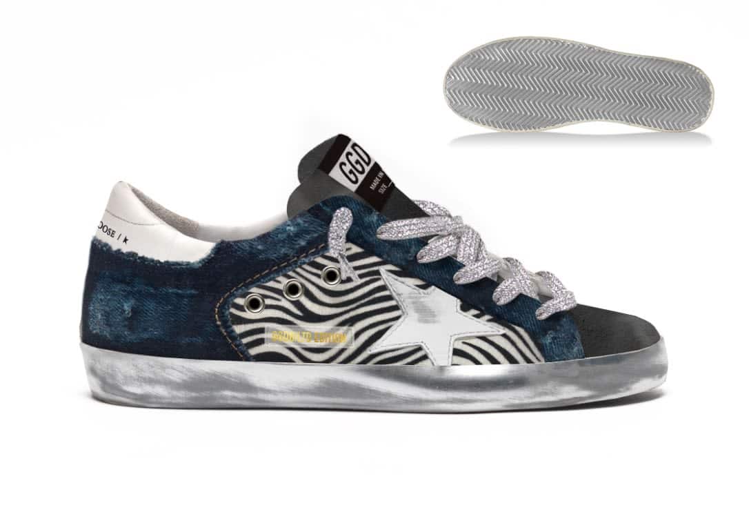 Women | Lab Limited Edition Super-Star Sneakers Denim, Zebra-Print Pony Skin & Suede | Black x White x Black Zebra x Bluette - Image 5