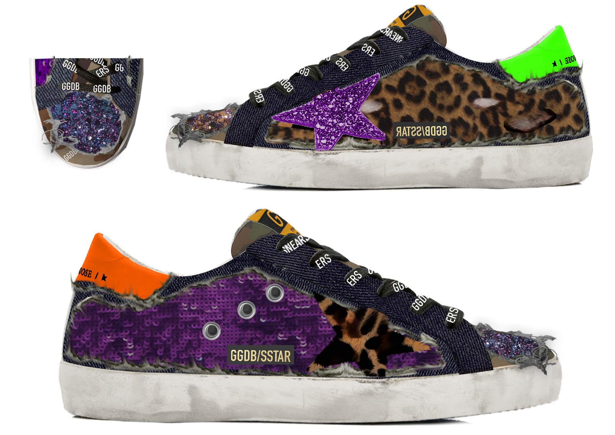 Women | Limited Edition Lab Glitter Leopard-Print Super-Star Sneakers | Purple x Beige Brown Leo x Orange Fluo x Green Fluo - Image 4