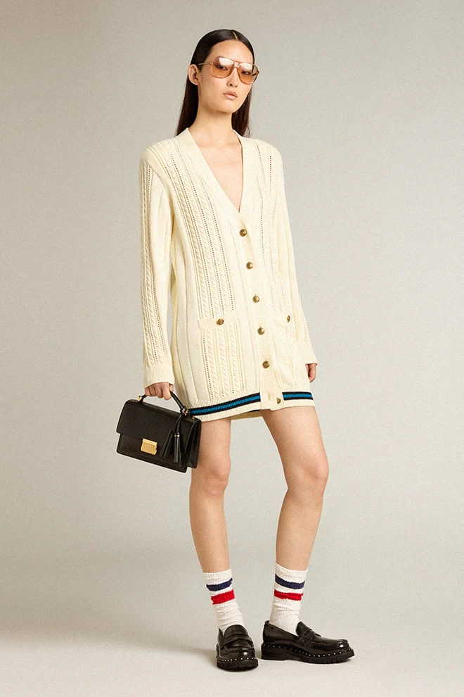 Women | Long Cotton Cardigan Aged White | Heritage White x Blue - Image 4