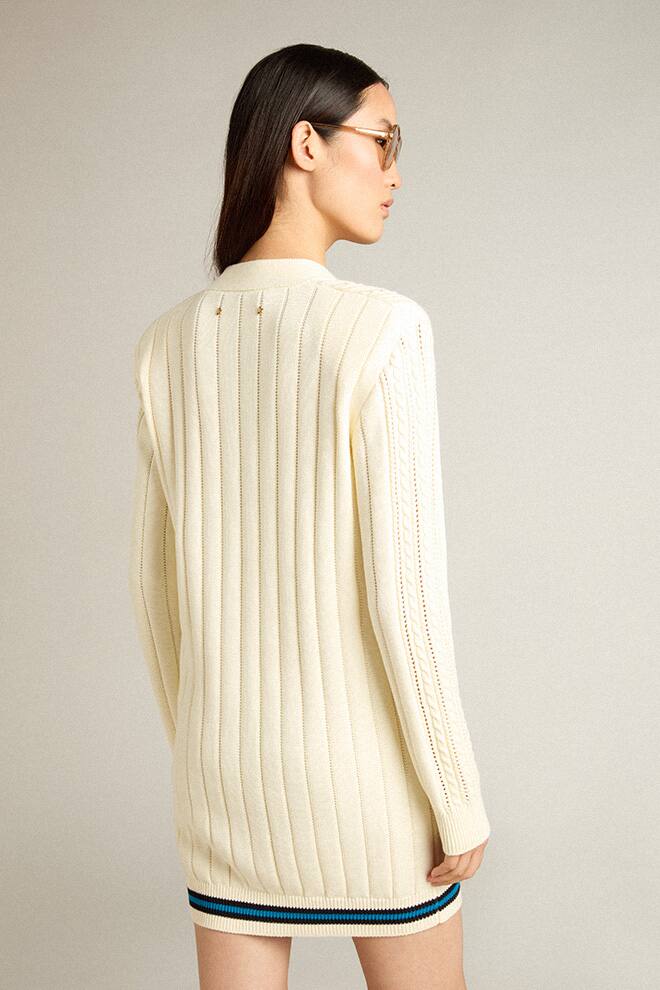Women | Long Cotton Cardigan Aged White | Heritage White x Blue - Image 5