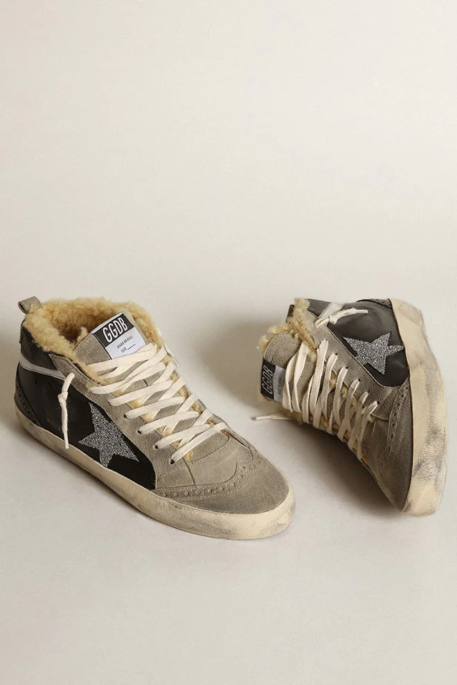 Women | Mid Star Black Nappa Leather with Swarovski Crystal Star & Beige Shearling Lining | Black x Ice x Silver - Image 2