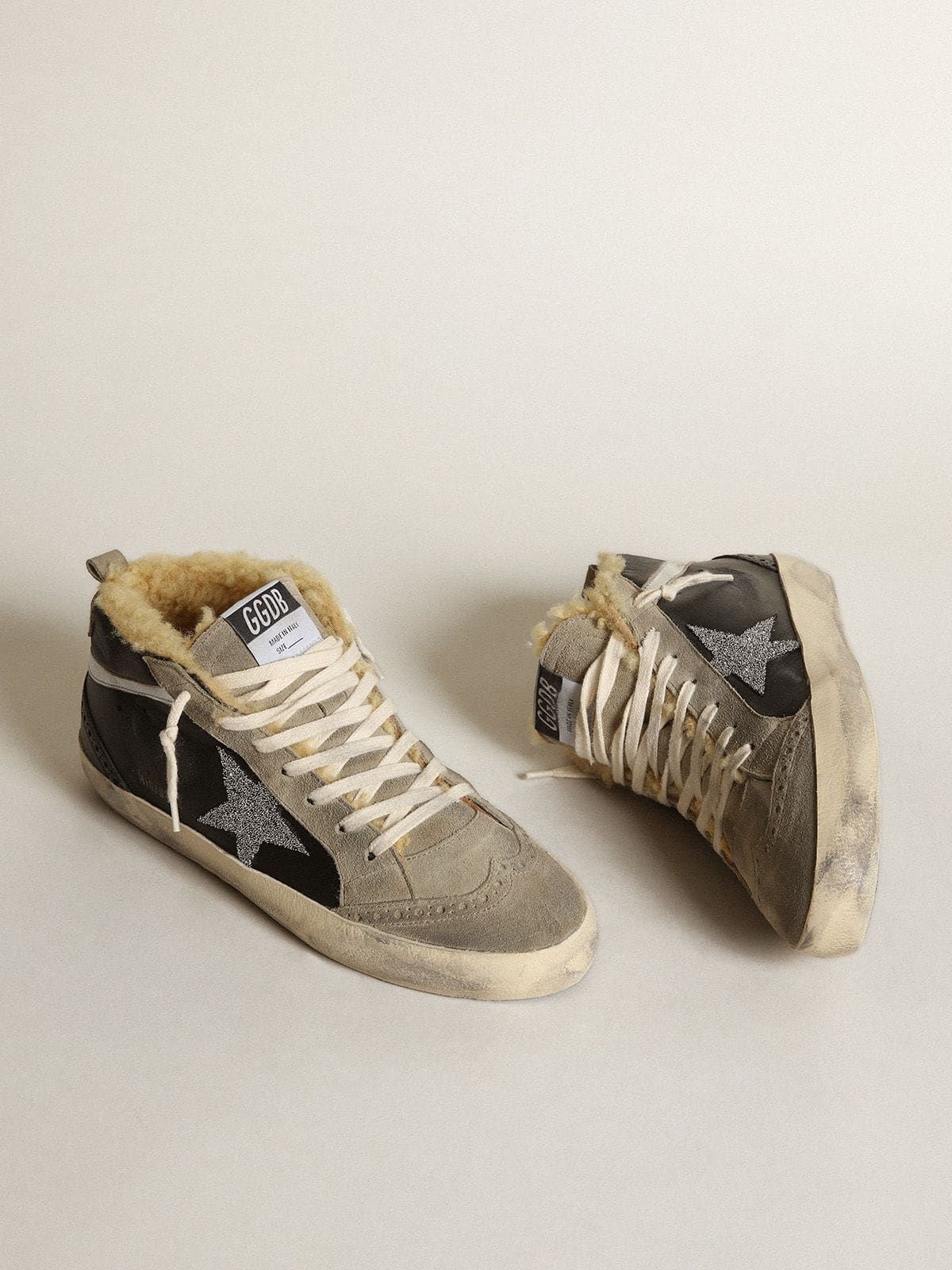 Women | Mid Star Black Nappa Leather with Swarovski Crystal Star & Beige Shearling Lining | Black x Ice x Silver - Image 4