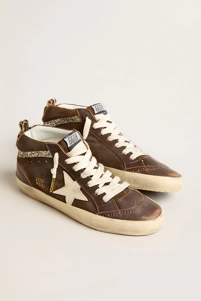 Women | Mid-Star Brown Leather with Leopard Print Pony Skin Heel Tab | Brown x White x Silver - Image 3