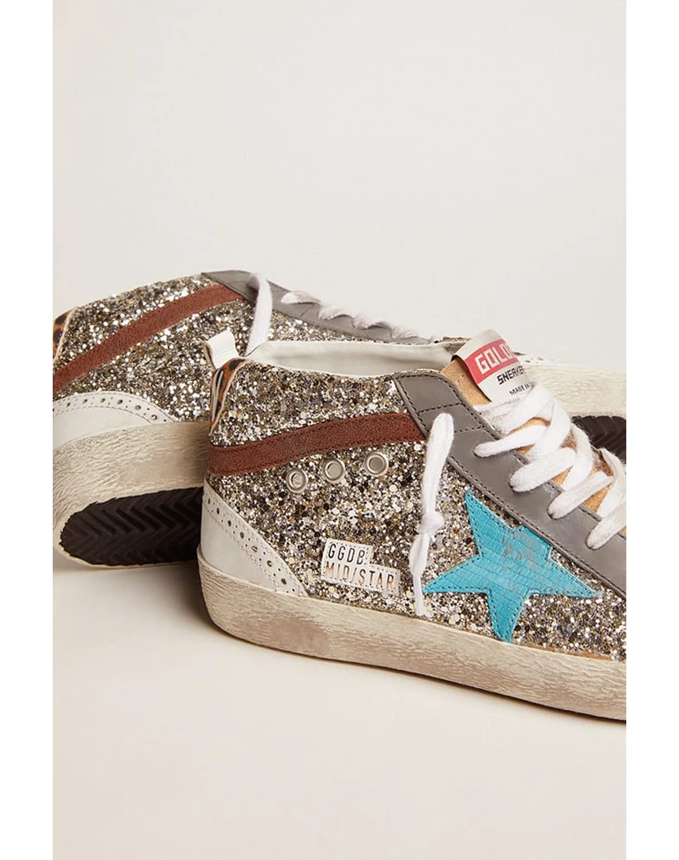 Women | Mid Star Gold Glitter with Turquoise Hammered Leather Star & Brown Suede Flash | Platinum x Petroleum x Sand x Brown x Camel Black Leo