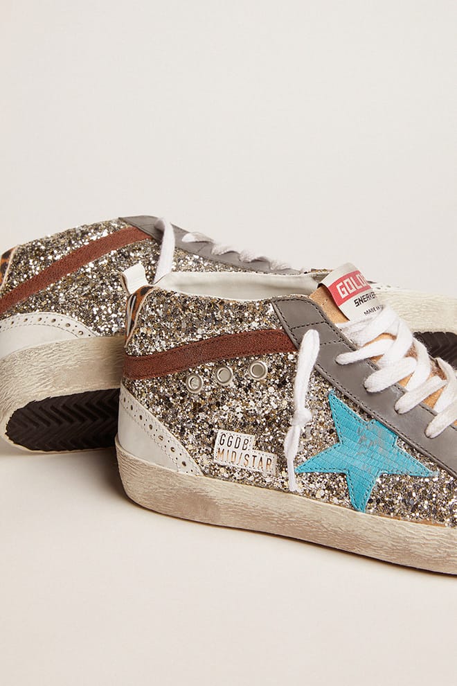 Women | Mid Star Gold Glitter with Turquoise Hammered Leather Star & Brown Suede Flash | Platinum x Petroleum x Sand x Brown x Camel Black Leo - Image 5