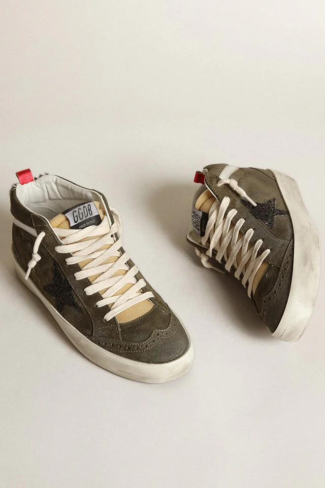 Women | Mid-Star Olive-Green Suede with Black Glitter Star & Pony Skin Heel Tab | Olive Green x Yellow x Black x Zebra x Silver - Image 3